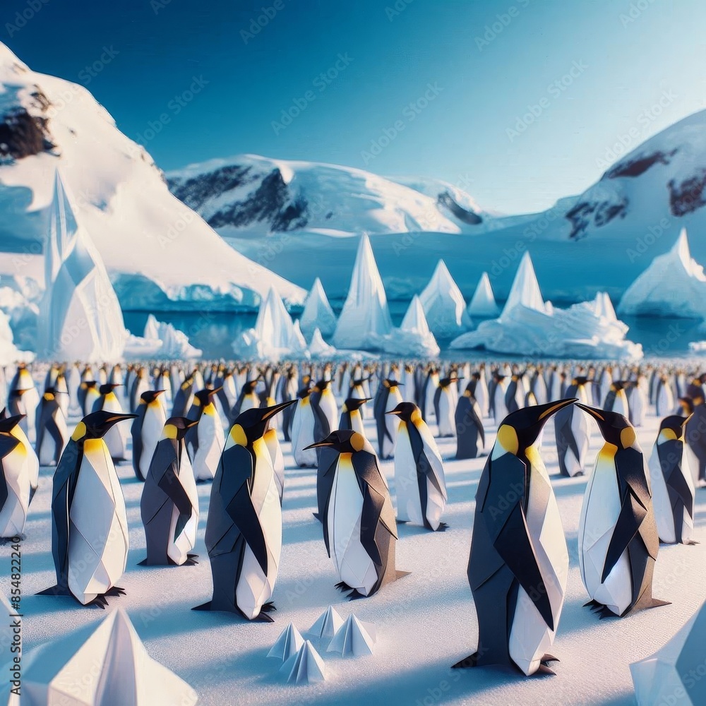 Obraz premium A group of penguins are standing in a snowy field