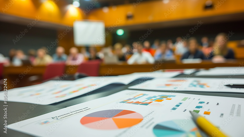 Documents with diagrams on the background of the auditorium among the public Documents with diagrams on the background of the auditorium among the public