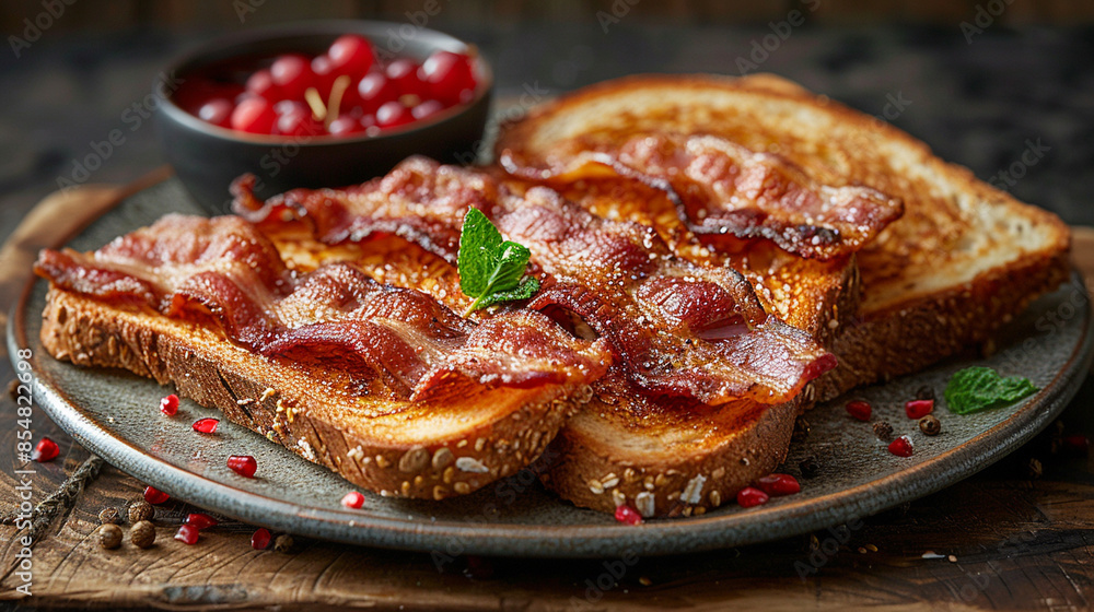 bacon with toast and oatmilk. bacon with toast and oatmilk.