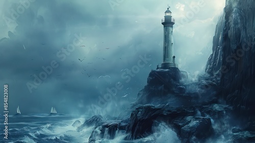 Lighthouse in a stormy sea photo