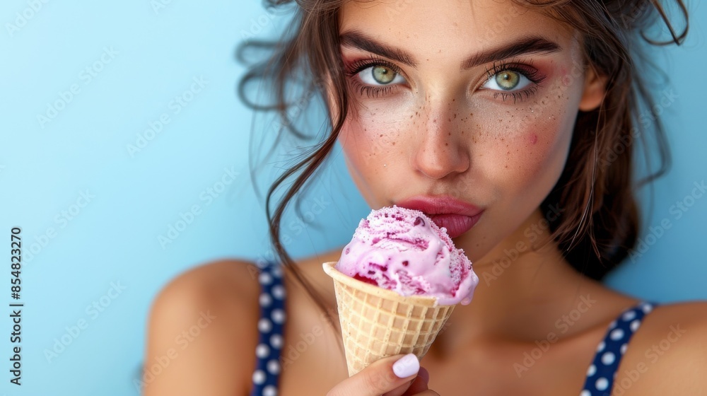 Model posing with Ice Cream: Brunette woman in a yellow polka dot dress, holding her ice cream cone playfully to her lips, with a clean, isolated light blue background. Model posing with Ice Cream: Brunette woman in a yellow polka dot dress, holding her ice cream cone playfully to her lips, with a clean, isolated light blue background.