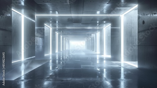 A futuristic corridor with glowing white lights and reflective surfaces, creating an ethereal atmosphere. © ardanz