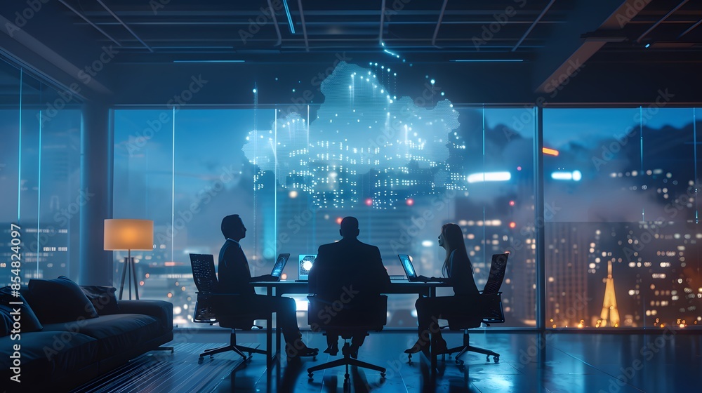 Business Team Discussing Cloud Computing Strategy in Modern Office with Cityscape View at Night Business Team Discussing Cloud Computing Strategy in Modern Office with Cityscape View at Night