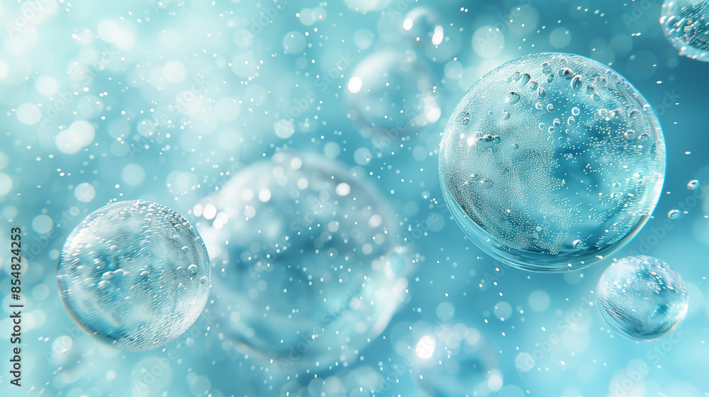 Crystal-clear bubbles floating in a bright, blue, bokeh-filled background, creating a serene atmosphere. Crystal-clear bubbles floating in a bright, blue, bokeh-filled background, creating a serene atmosphere.