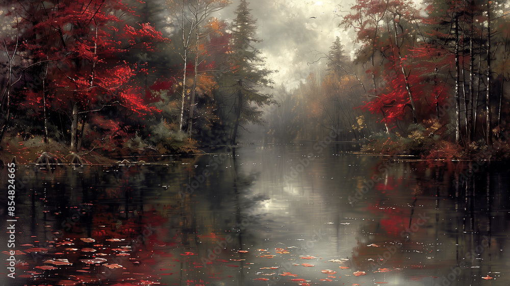 Fototapeta premium Painting of lake with red trees, calm water.