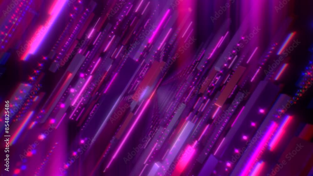 Flight through moving neon lit cubes and pillars in space. Dark sci-fi futuristic abstract 3d loop animation on black background. Flight through moving neon lit cubes and pillars in space. Dark sci-fi futuristic abstract 3d loop animation on black background.