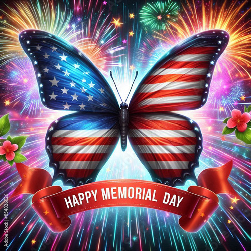 butterfly in the colors of the united states flag with the words happy memorial day photo