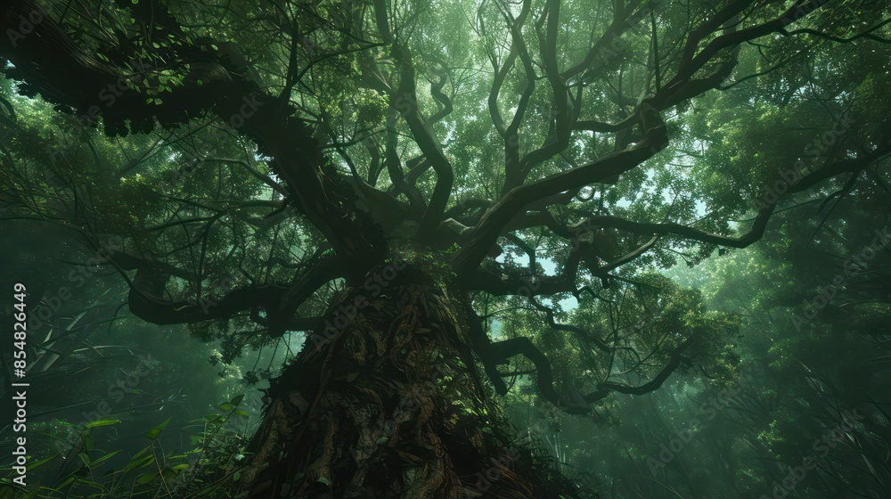 Bottom view of tree trunk to green leaves of big tree in tropical forest with sunlight Bottom view of tree trunk to green leaves of big tree in tropical forest with sunlight