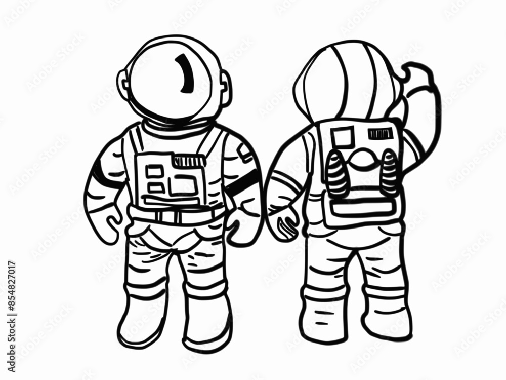Hand drawn drawing of two astronauts standing, black line 2 man cartoon Hand drawn drawing of two astronauts standing, black line 2 man cartoon