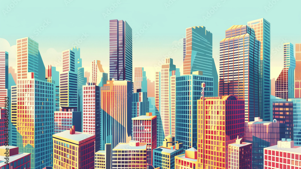 Fototapeta premium Colorful illustrated city skyline with tall buildings and clear sky