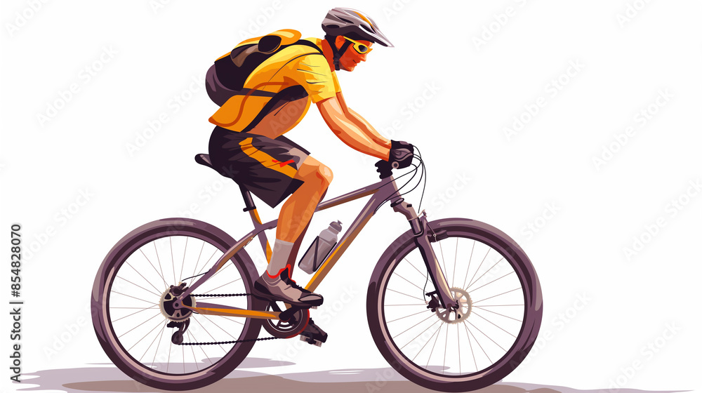Naklejka premium Cyclist in yellow gear riding a bike with a water bottle, helmet, and backpack, isolated on a white background