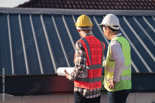 Civil engineer with personal safety equipment checking and consult with construction site foreman technician for inspect building construct process during follow up process. Engineering concept.