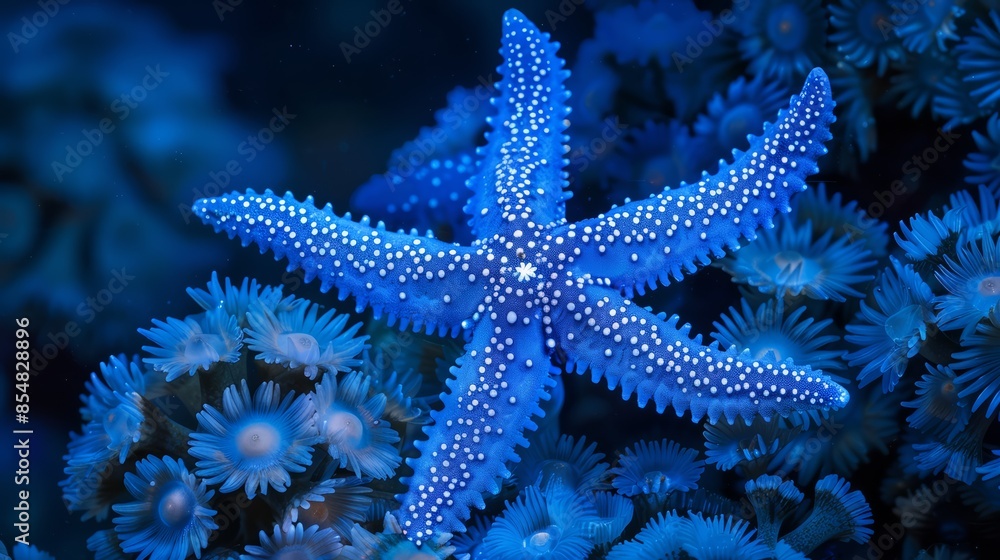 Naklejka premium A close up of a starfish sitting on top of some blue flowers, AI