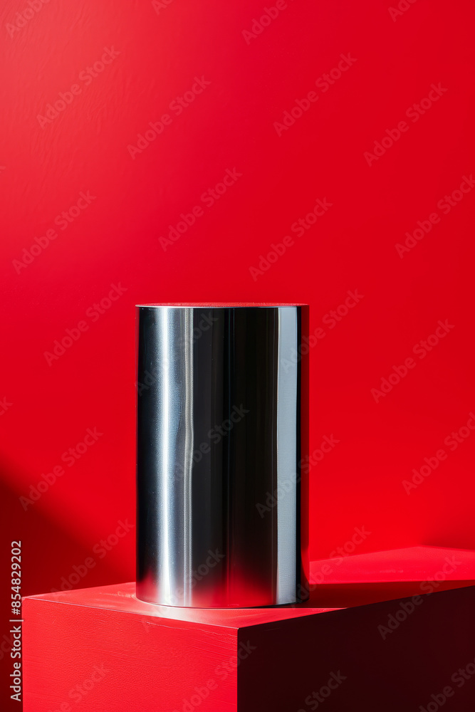 Shiny steel product display podium on a bold red background: Industrial and striking, ideal for high-tech gadgets or modern designs, the steel podium and red background create a powerful and Shiny steel product display podium on a bold red background: Industrial and striking, ideal for high-tech gadgets or modern designs, the steel podium and red background create a powerful and