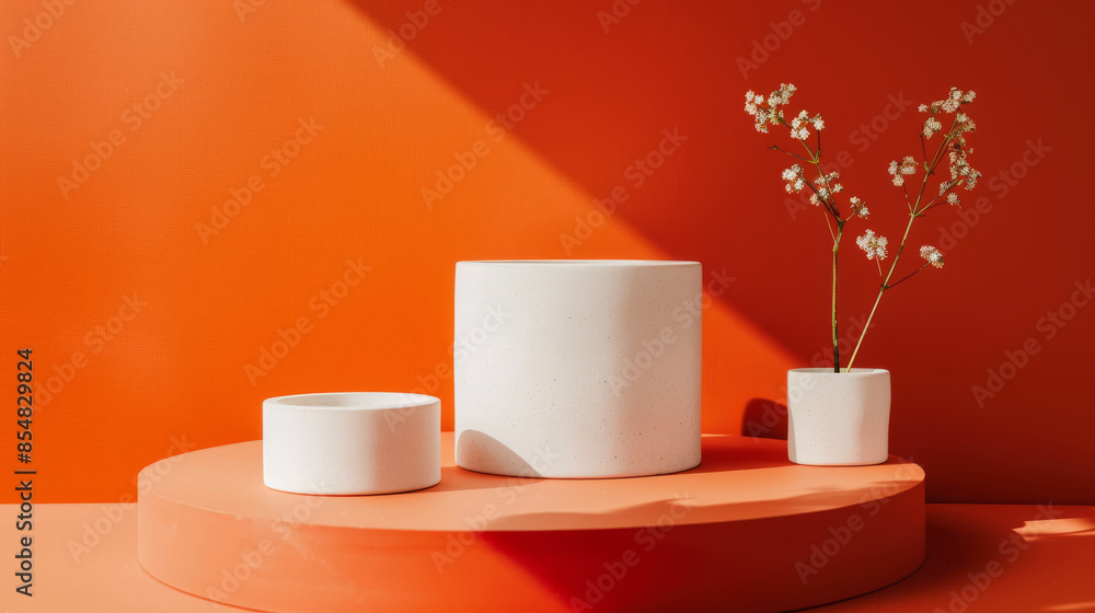 Smooth ceramic product display podium on a vibrant orange background: Modern and eye-catching, perfect for trendy home decor or contemporary accessories, the ceramic podium and orange background Smooth ceramic product display podium on a vibrant orange background: Modern and eye-catching, perfect for trendy home decor or contemporary accessories, the ceramic podium and orange background