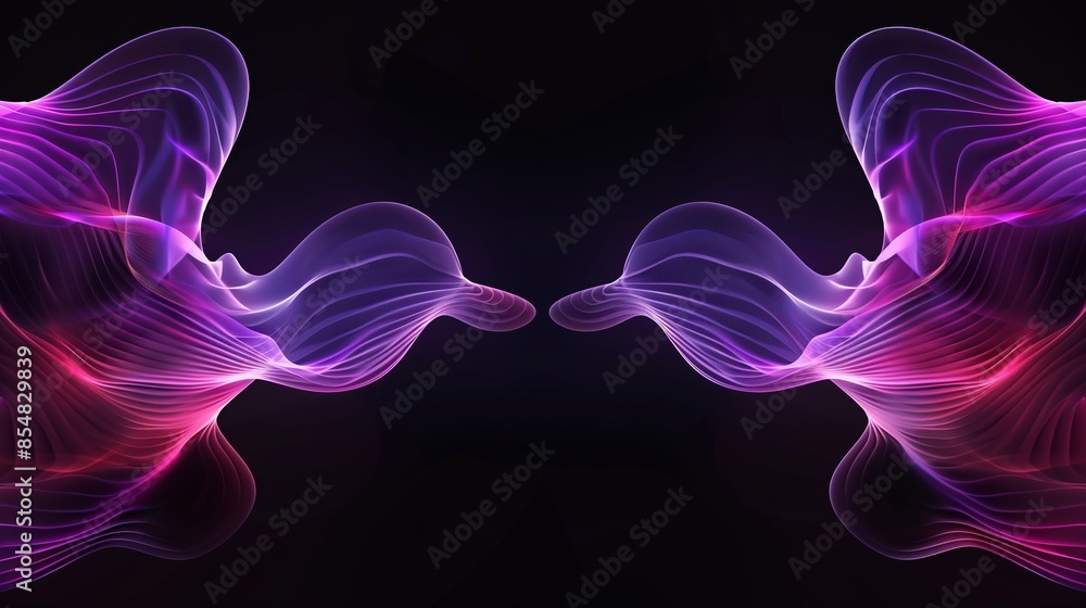Abstract symmetrical digital art with two large purple wavy shapes on a black background. Abstract symmetrical digital art with two large purple wavy shapes on a black background.