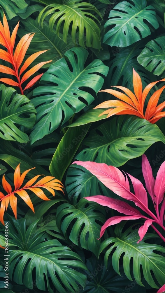 Fototapeta premium A close-up view of lush green tropical leaves, interspersed with bright orange and pink leaves, creating a vibrant and colorful scene