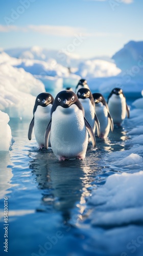 A group of penguins in the arctic ice, wildlife photography, daylight, very detailed. photo