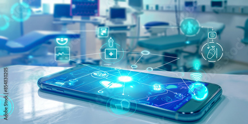 Smartphone with Medical Icons - Digital Healthcare, Healthcare Technology Interface on Smartphone, Smartphone with a holographic display
