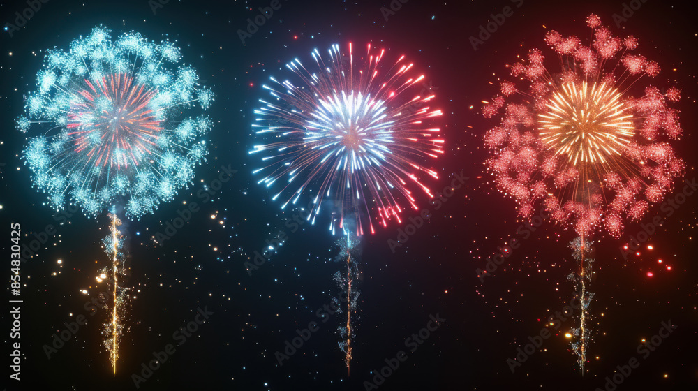 Fototapeta premium Three vibrant fireworks explosions in blue, red, and white colors illuminating the night sky with festive sparks.