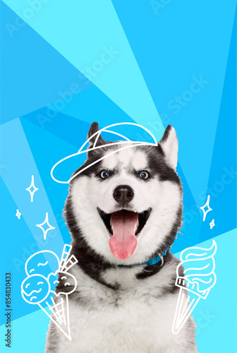 Contemporary artwork. Vector illustration. Smiling Husky eating sweet ice cream. Vibrant color scheme. Concept of pets, holidays, positive emotions, companion, rest, summer vacation.