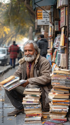 A candid and highly detailed photo of a middle-aged Indian man selling books on a sidewalk on a street corner in the streets of India. No one is looking at the camera. photo