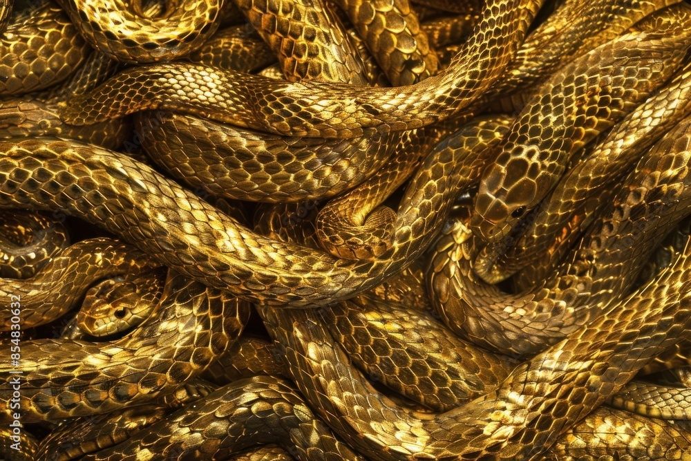 Golden serpents on a pile of wealth symbol of prosperity and fortune in business and travel Golden serpents on a pile of wealth symbol of prosperity and fortune in business and travel