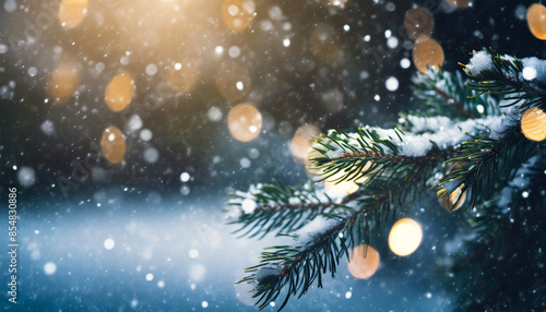 Christmas tree branch in snow, coniferous tree, winter nature details © happyjack29