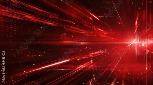 Abstract red futuristic technology background with glowing lines creating motion and speed effect in digital space.