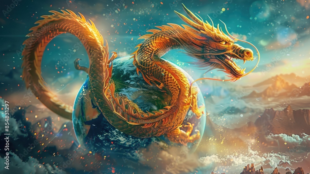Majestic golden dragon circling Earth, with vibrant colors and celestial background, symbolizing fantasy and mythology. Majestic golden dragon circling Earth, with vibrant colors and celestial background, symbolizing fantasy and mythology.