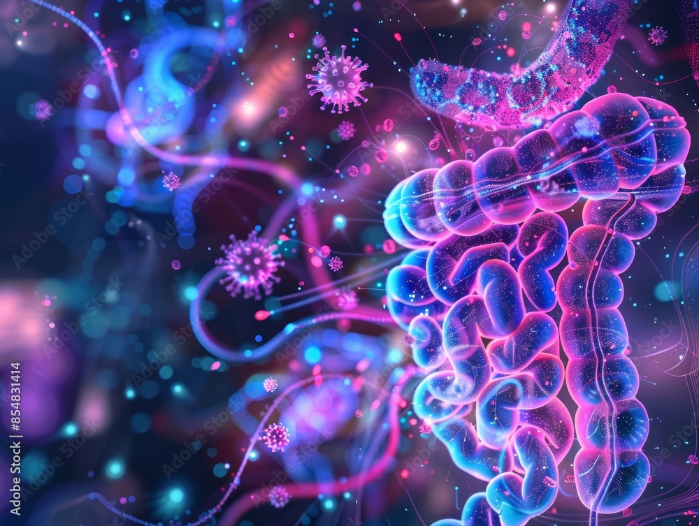 Abstract digital illustration of human intestines with glowing cells and viruses, highlighting the microbiome and health concept. Abstract digital illustration of human intestines with glowing cells and viruses, highlighting the microbiome and health concept.