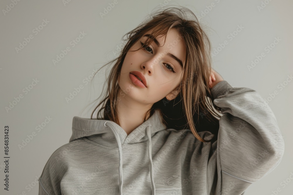 Young woman wearing a grey hoodie in a studio setting Young woman wearing a grey hoodie in a studio setting