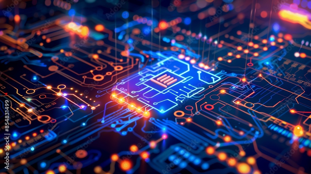 Close-up view of a vibrant, illuminated circuit board with microchips, used in modern technology and electronics. Close-up view of a vibrant, illuminated circuit board with microchips, used in modern technology and electronics.