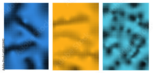 Set of multicolored abstract poster with gradient halftone textured. Background grunge dots. shabby wallpaper