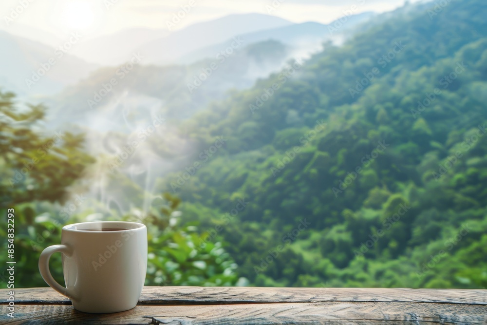 Tranquil scene white coffee mug on wooden table with steam, amidst green landscape background Tranquil scene white coffee mug on wooden table with steam, amidst green landscape background