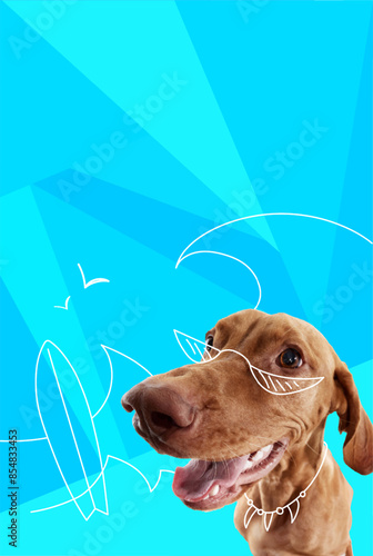 Contemporary artwork. Vector illustration. Portrait of smiling dog surfer against surreal beach background. Vibrant color scheme. Concept of pets, holidays, positive emotions, rest, summer vacation.