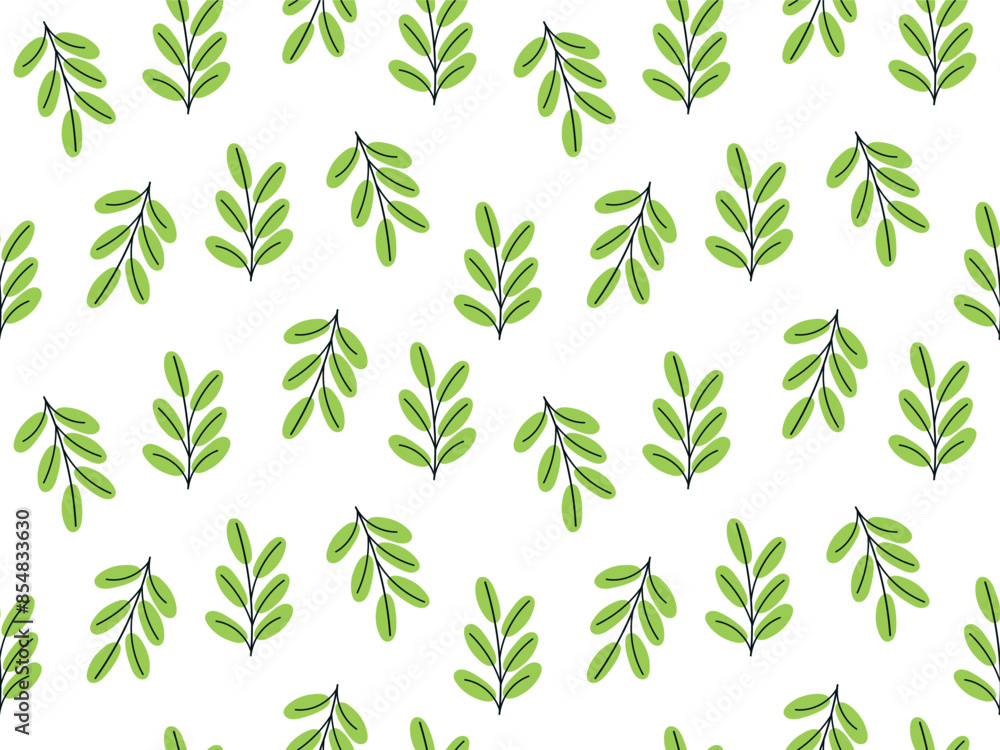 Branch with green leaves, seamless pattern in flat style. Vector illustration for print, textile Branch with green leaves, seamless pattern in flat style. Vector illustration for print, textile