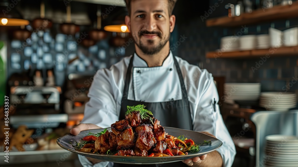 Professional Chef Presenting Delicious Dish on Plate in a Modern Restaurant Generative AI Professional Chef Presenting Delicious Dish on Plate in a Modern Restaurant Generative AI