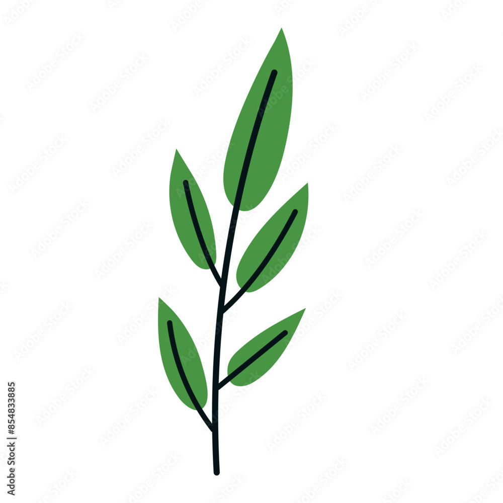 Fototapeta premium Branch with green leaves in a flat hand drawn style. Vector illustration
