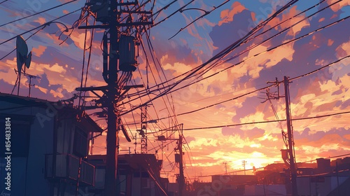 Electrical poles line the street in an anime-style sunset with an orange and purple sky