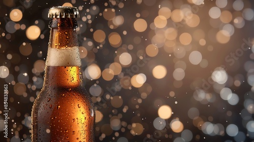 Close-up of a cold beer bottle with condensation and festive bokeh lights in the background, creating a celebratory mood. photo