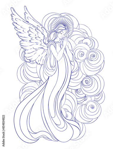 Angel girl with wings, cross, roses and halo. Isolated hand drawn vector illustration. Trendy Vintage style element. Spirituality, occultism, alchemy, magic.