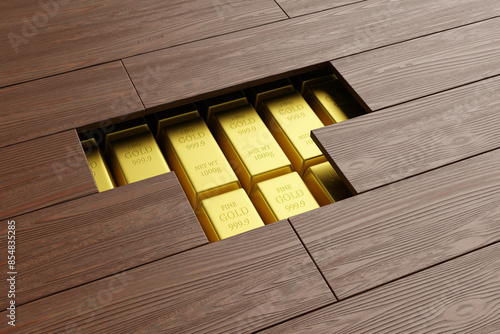 Pile of gold bars hidden under wooden floor planks. Illustration of the concept of secret hiding places for money and concealed assets