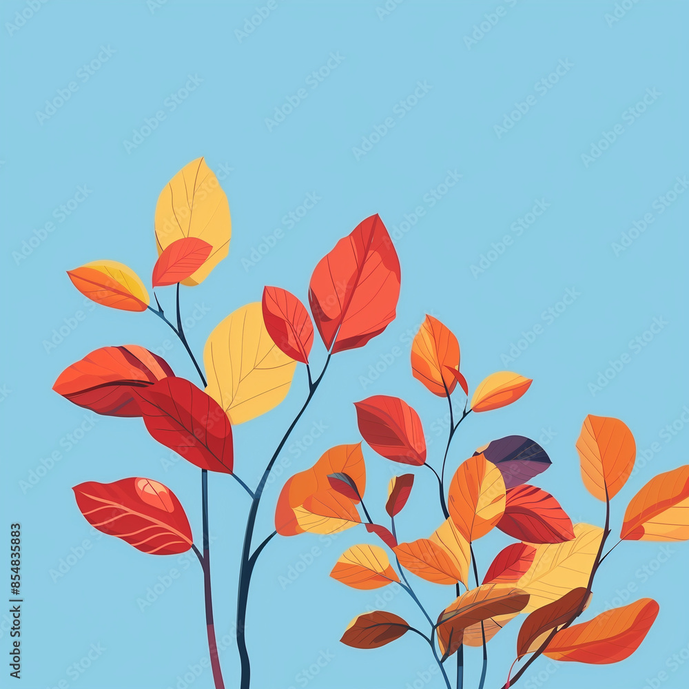 Trendy minimal autumn website banner, header, poster or cover with bright and beautiful autumn leaves on blu sky background. Contemporary art style. Fall template for advertising, web, social media