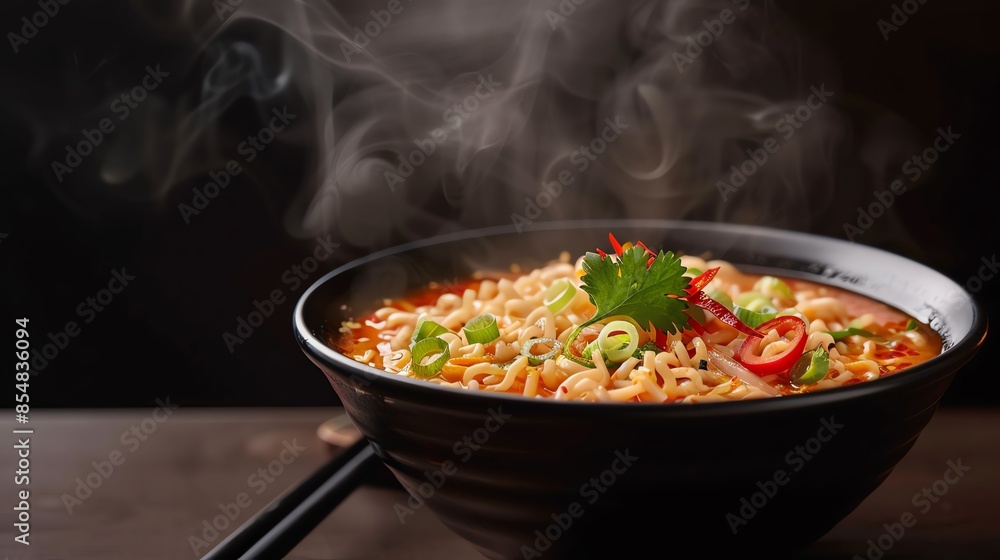 Steaming bowl of delicious ramen noodles garnished with fresh vegetables and herbs, perfect for a comforting meal or culinary inspiration. Steaming bowl of delicious ramen noodles garnished with fresh vegetables and herbs, perfect for a comforting meal or culinary inspiration.