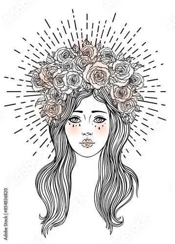 Angel girl with wings, cross, roses and halo. Isolated hand drawn vector illustration. Trendy Vintage style element. Spirituality, occultism, alchemy, magic.