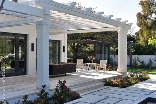 A project for an elegant veranda with a pergola roof for a modern white residential house, designed to maximize outdoor photo
