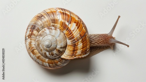 White Achatina Snail with Brown Shell on White Background Large African Snail Seen from Above and Utilized in Beauty Products photo
