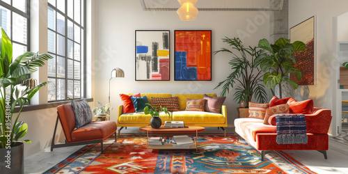 Vibrant modern living room with eclectic decor. Bold furniture, colorful artwork, and patterned rugs. Large windows, potted plants, and unique lighting fixtures.