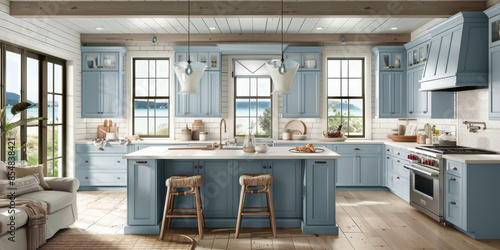 Warm and inviting modern kitchen with a coastal theme. Light blue cabinets, white countertops, and a nautical-inspired backsplash. Large windows, whitewashed wood flooring, and beach-themed decor. photo